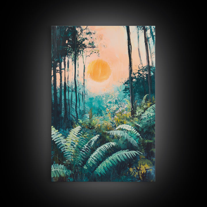 Forest Sunrise Painting, Nature Landscape, Golden Light Art, Pine Tree Art, Warm Moody Decor, Rustic Wall Art, Canvas Print