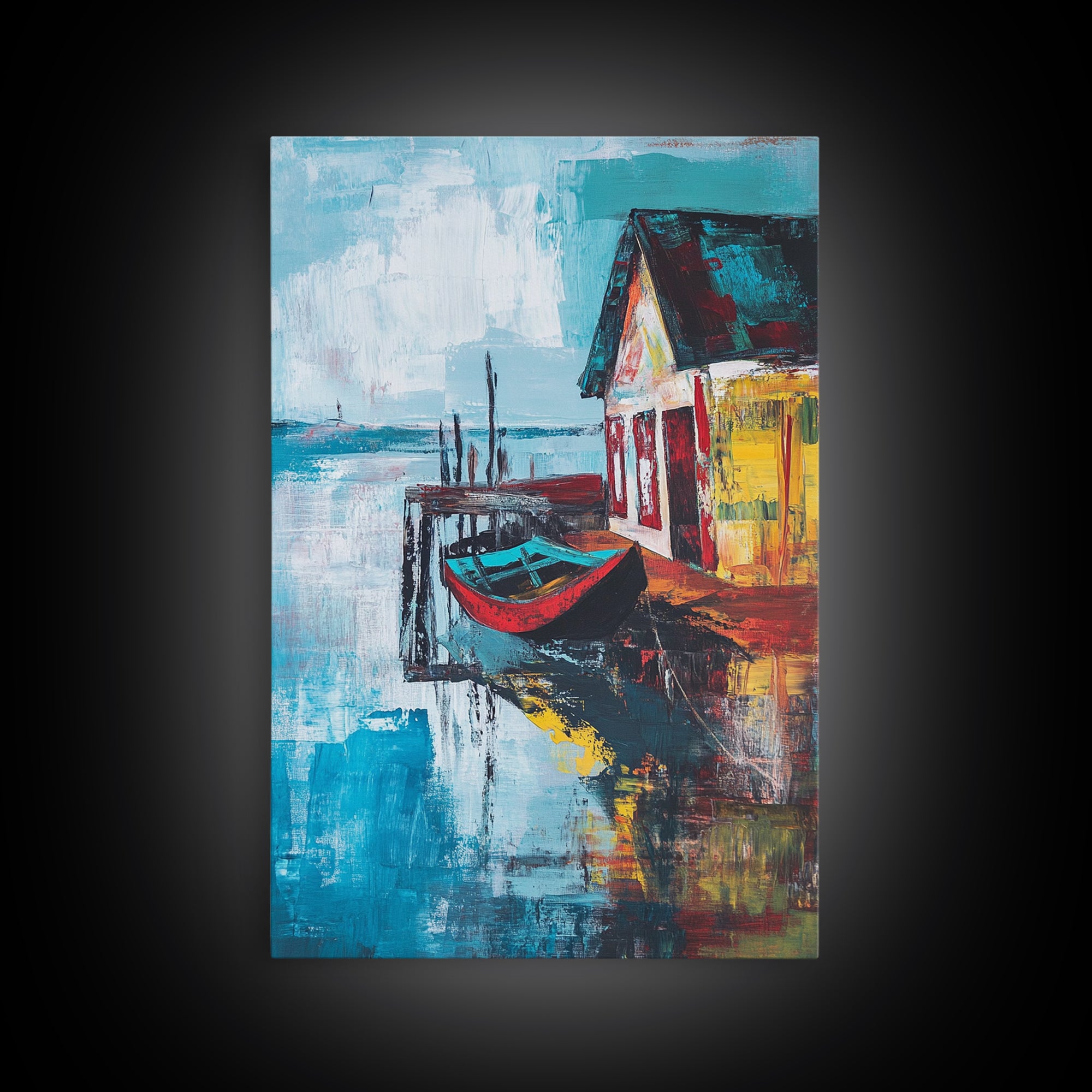 Rustic Boat Painting, Fishing Village Art, Coastal Landscape, Nautical Decor, Rustic Wall Art, Framed Canvas Print
