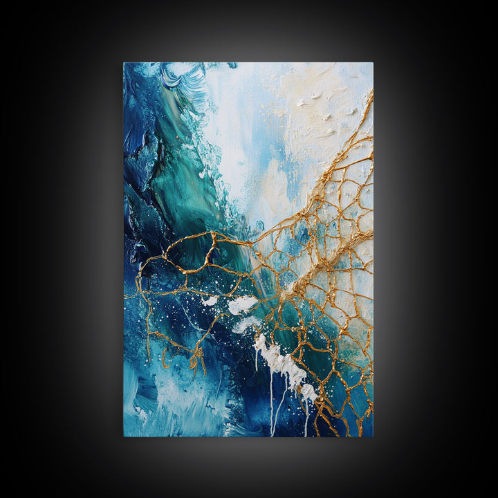 Abstract Ocean Painting, Coastal Wall Art, Blue and Gold Art, Nautical Decor, Contemporary Seascape, Canvas Print