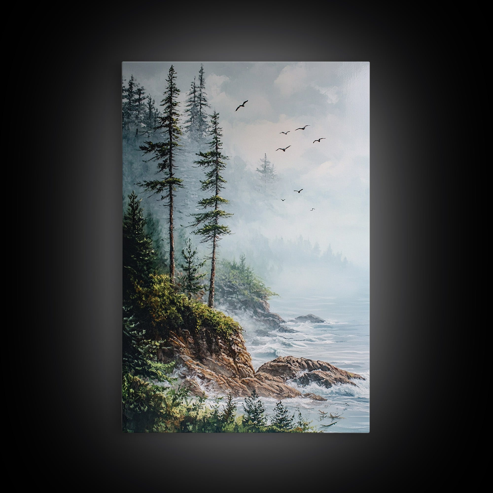 Coastal Cliff, ocean waves, pine tree art, landscape painting, coastal wall art, rustic decor, framed canvas print, nautical art