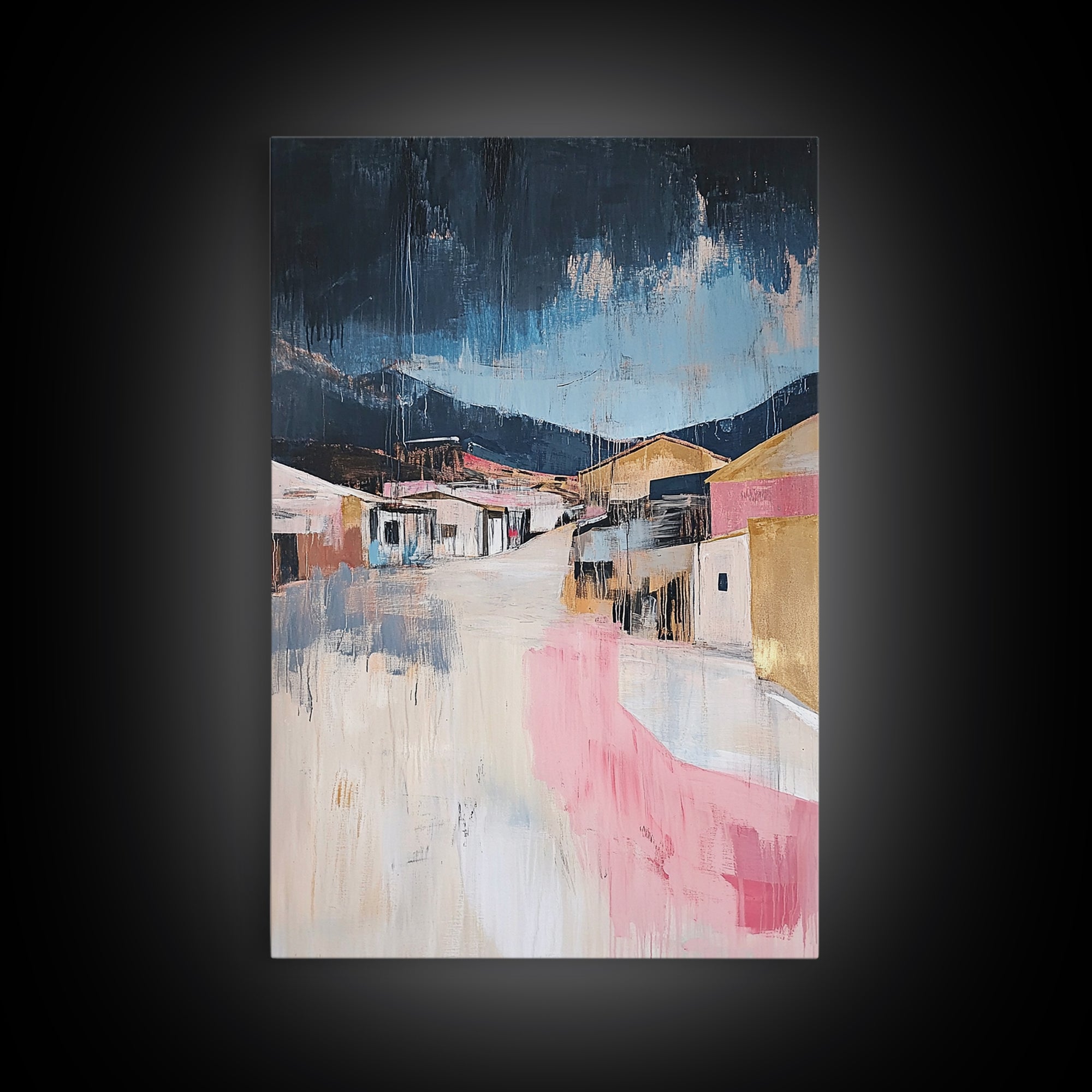 Desert Village, southwest wall art, moody art, warm tones, rustic decor, Joshua tree art, framed canvas print, abstract landscape