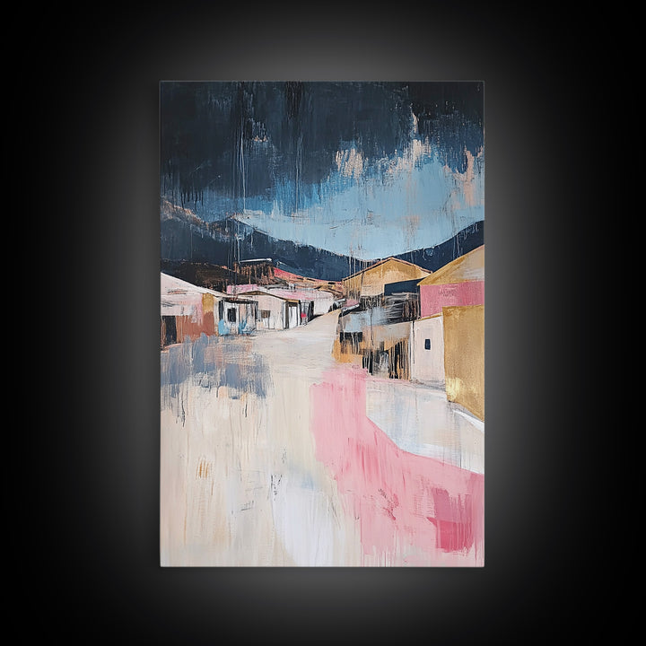 Desert Village, southwest wall art, moody art, warm tones, rustic decor, Joshua tree art, framed canvas print, abstract landscape