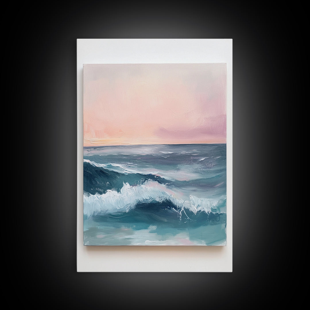 Ocean Sunset Waves, coastal decor, nautical painting, pink orange wall art, coastal landscape art, Canvas Print