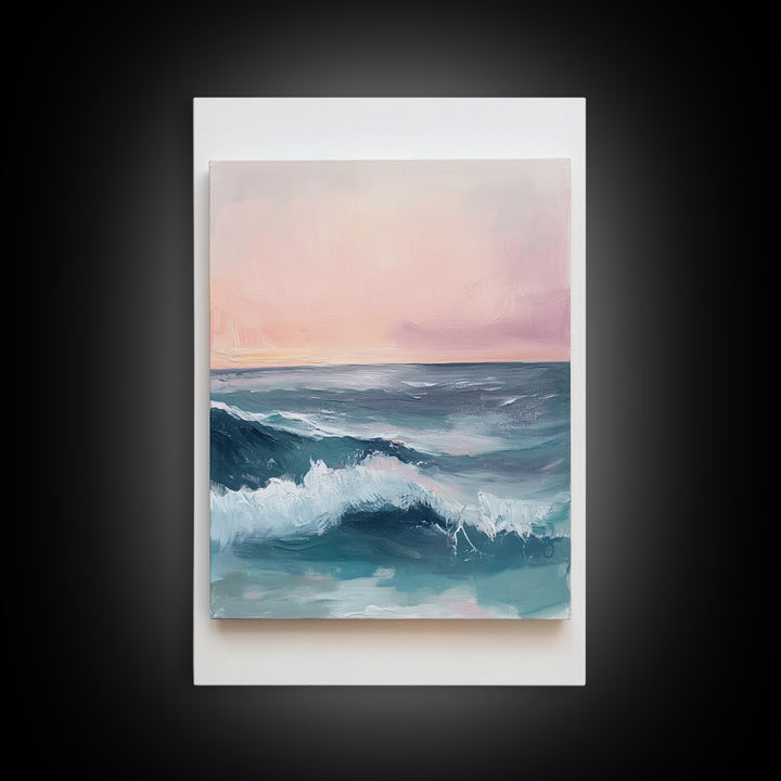 Ocean Sunset Waves, coastal decor, nautical painting, pink orange wall art, coastal landscape art, Canvas Print