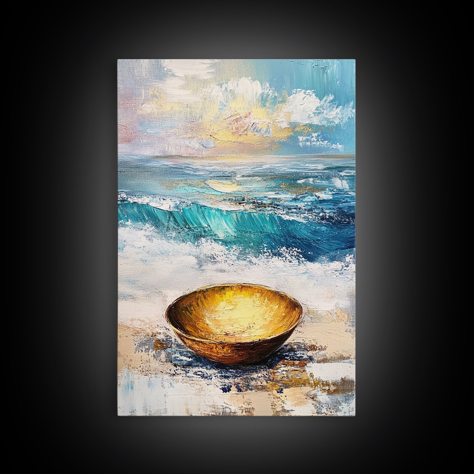 Ocean and Golden Bowl, coastal decor, nautical wall art, rustic wall art, abstract painting, seascape painting, Canvas Print