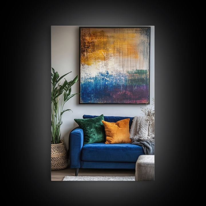 Abstract Color Drip, moody art, pink orange wall art, geometric wall art, bold living room art, Framed Canvas Print