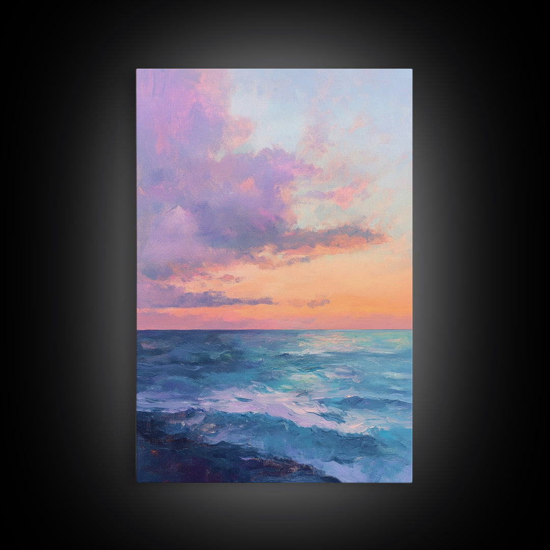 Ocean Sunset View, coastal landscape art, pink orange wall art, seascape painting, framed canvas print, bedroom art, nautical decor