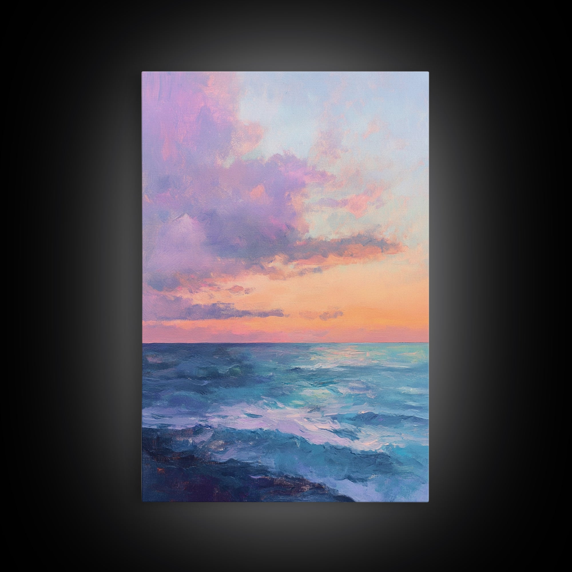 Ocean Sunset View, coastal landscape art, pink orange wall art, seascape painting, framed canvas print, bedroom art, nautical decor