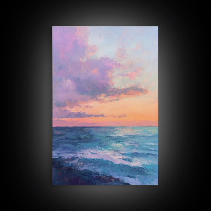 Ocean Sunset View, coastal landscape art, pink orange wall art, seascape painting, framed canvas print, bedroom art, nautical decor