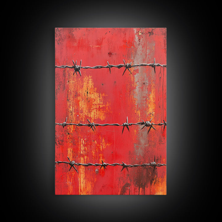 Barbed Wire, Chicano Art, Industrial Wall Art, Rustic Decor, Moody Art, Red Abstract Art, Framed Canvas Print, Gift Idea