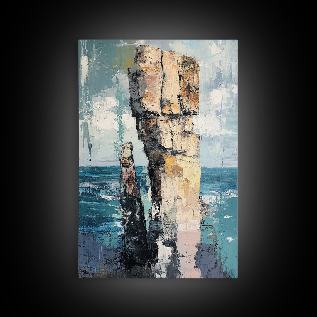 Coastal Rock Formation, Ireland Painting, Seascape Wall Art, Ocean Landscape, Nautical Decor, Framed Canvas Print, Living Room Art