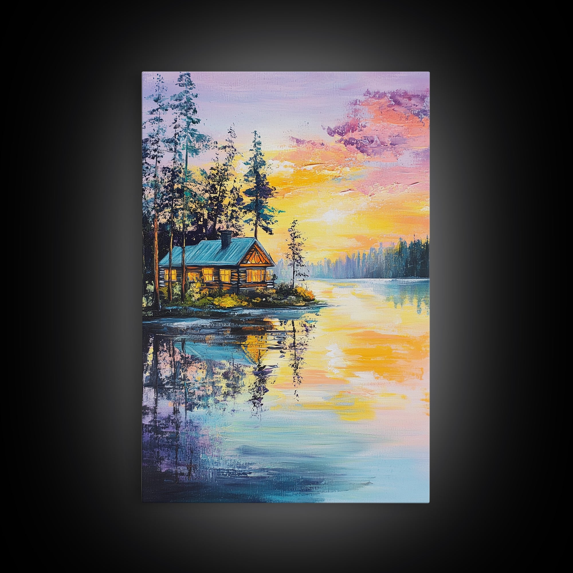 Cabin, Lake, Sunset, Framed Canvas Print, landscape painting, rustic wall art, above bed wall art, pine tree art, above sofa art