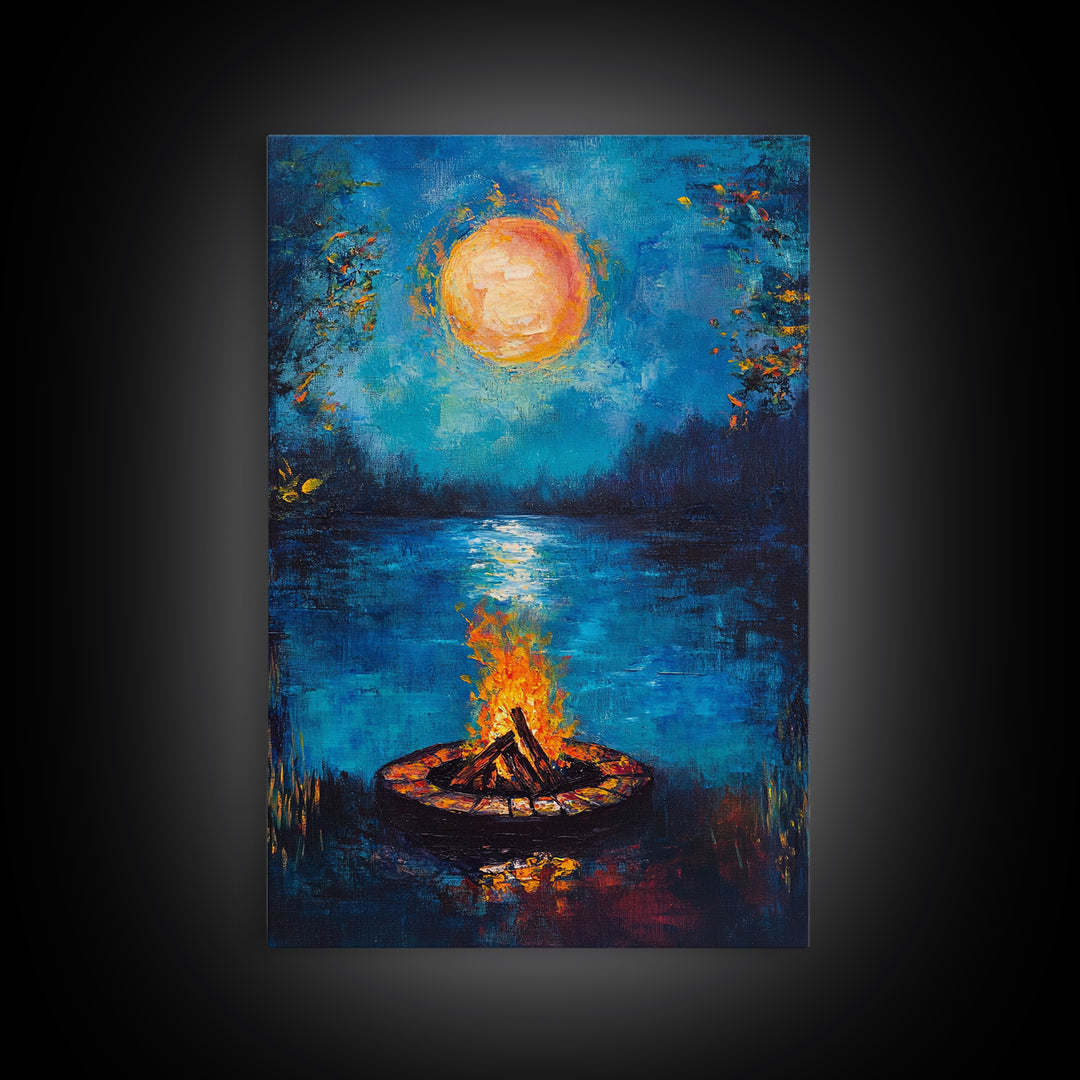 Campfire, Moonlight, Reflection, Framed Canvas Print, landscape painting, moody art, rustic wall art, blue and green wall art, bedroom art
