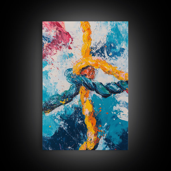 Rope, Knot, Abstract, Framed Canvas Print, nautical decor, coastal wall art, blue and green wall art, moody art, geometric wall art