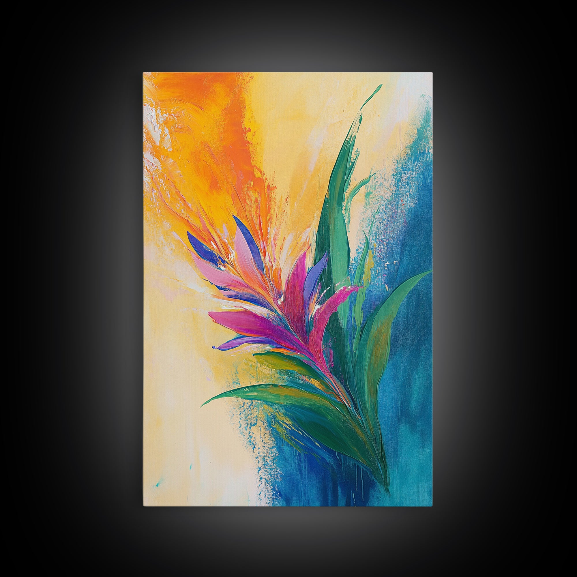 Bird of Paradise, Floral, Vibrant, Framed Canvas Print, botanical prints, tropical art, wildflower painting, boho art, pink orange wall art