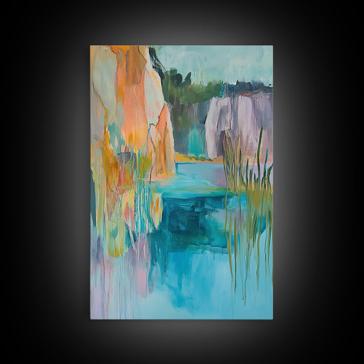 Abstract Landscape, blue and green wall art, horizon painting gray white, rustic art, gift idea for her, Framed Canvas Print