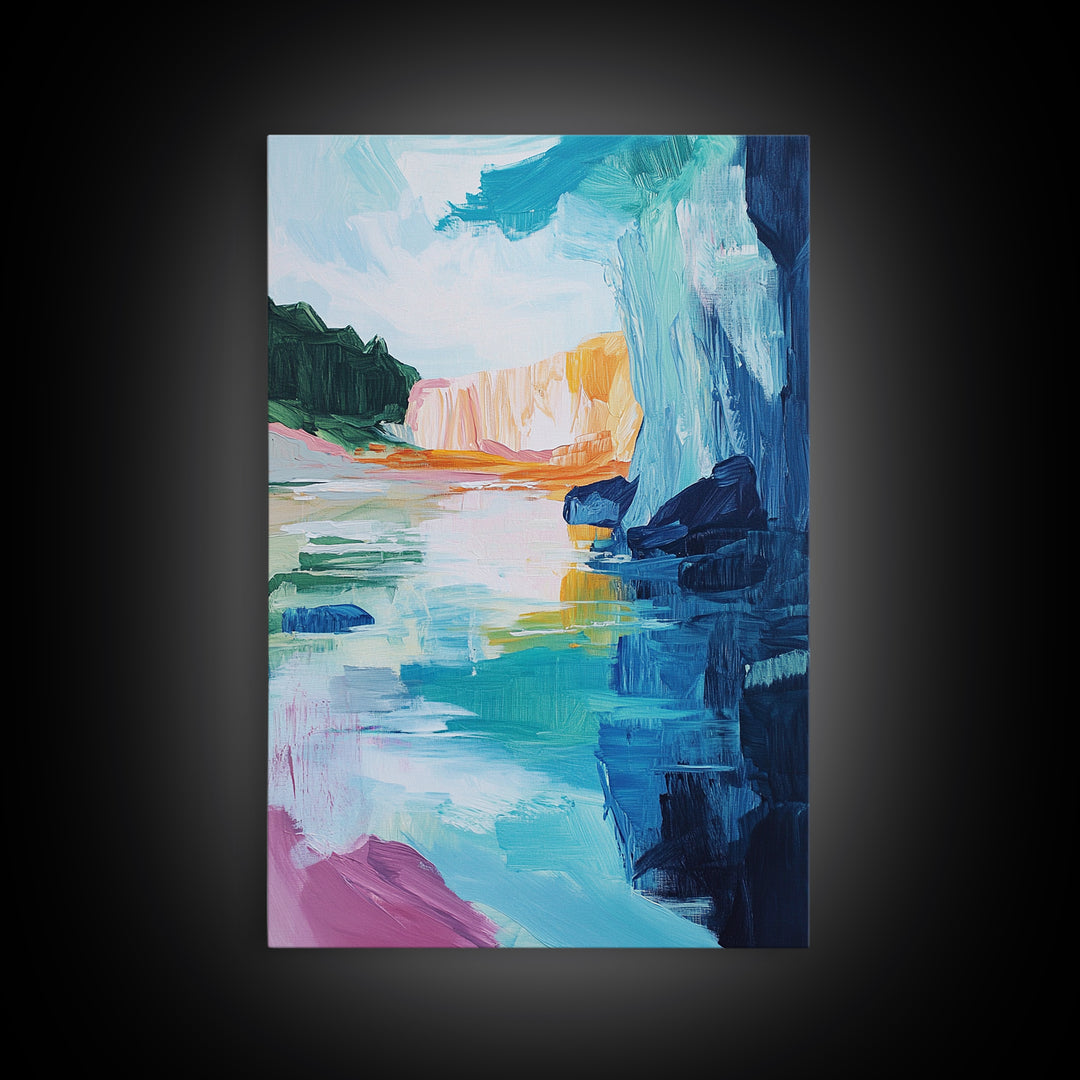 Canyon Lake, landscape painting, southwest wall art, moody art, blue and green wall art, extra wide art, Canvas Print, seascape painting