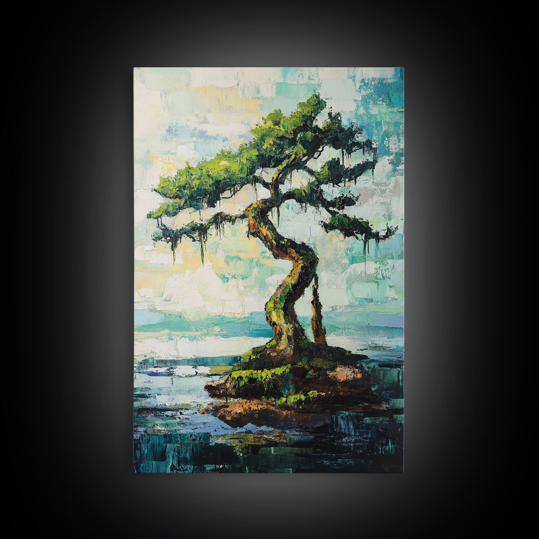 bonsai tree painting, zen wall art, coastal landscape art, blue and green wall art, wabi sabi art, Framed Canvas Print, botanical prints
