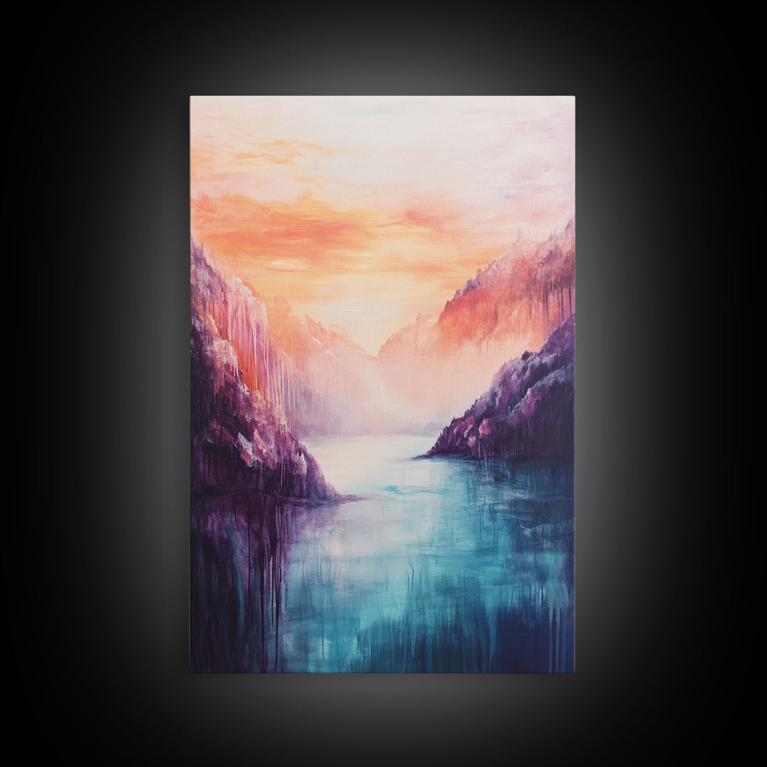 coastal decor, mountain painting, pink orange wall art, sunrise painting, landscape painting, Framed Canvas Print, abstract wall art
