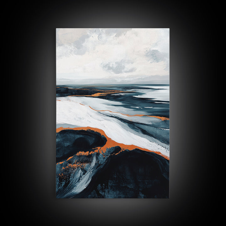 abstract seascape painting, blue and green wall art, modern coastal decor, wabi sabi art, Framed Canvas Print, extra wide art, moody art