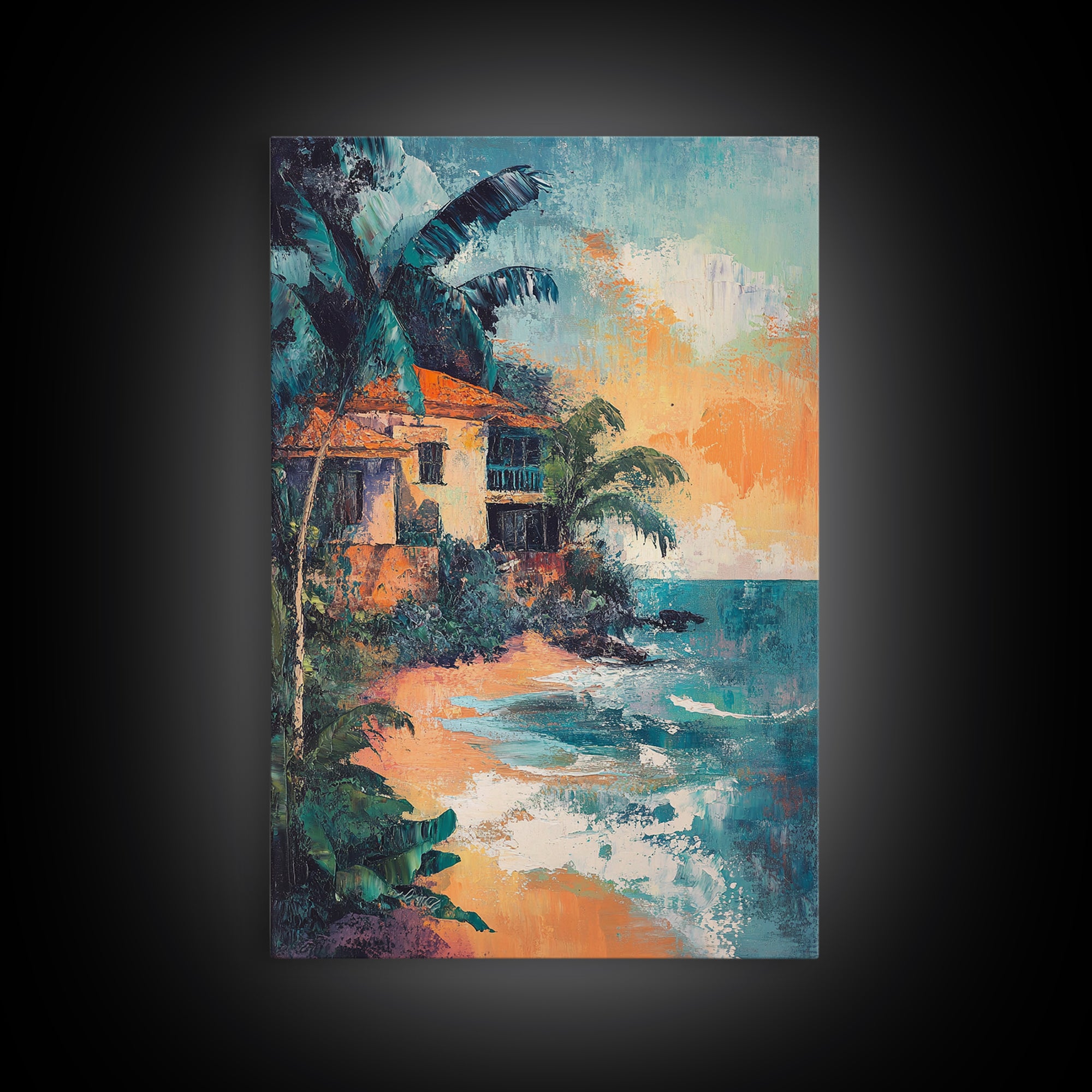 Coastal House, Tropical Art, Nautical Wall Art, Seascape Painting, Canvas Print, Palm Tree Art, Rustic Decor, Coastal Cowgirl Wall Art