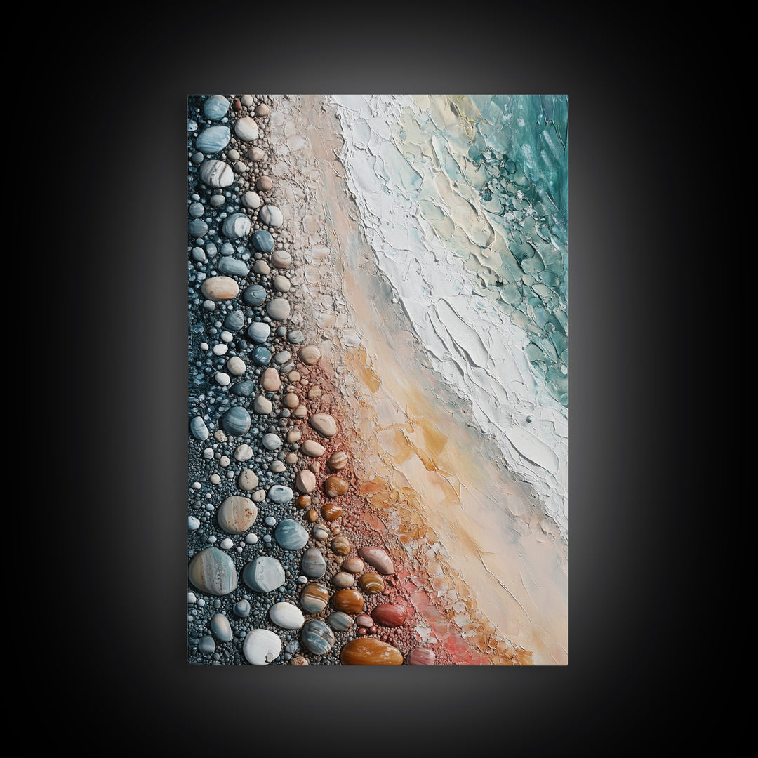 Pebble Beach, coastal painting, nautical decor, wabi sabi art, abstract seascape, textured wall art, ocean print, canvas print