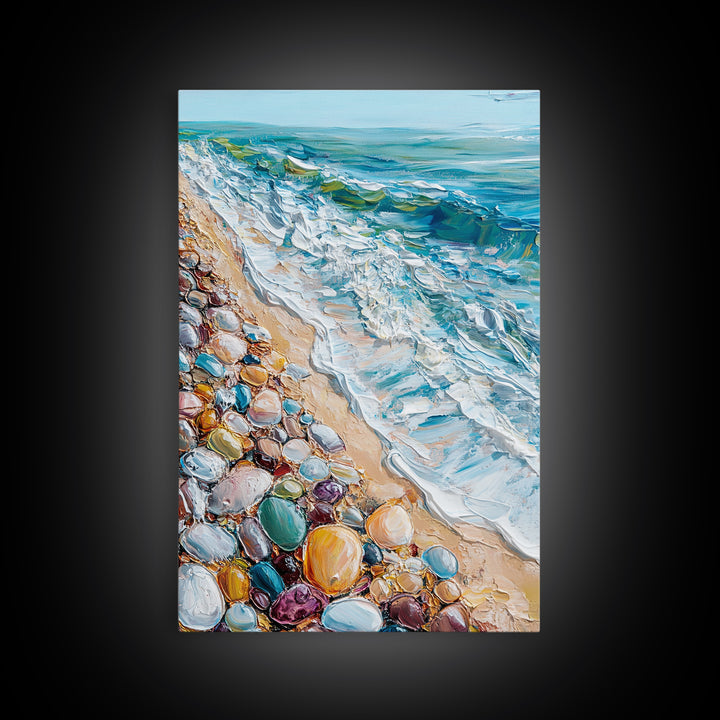 Ocean Shore, beach painting, coastal landscape art, nautical wall art, living room art, abstract seascape, framed canvas print