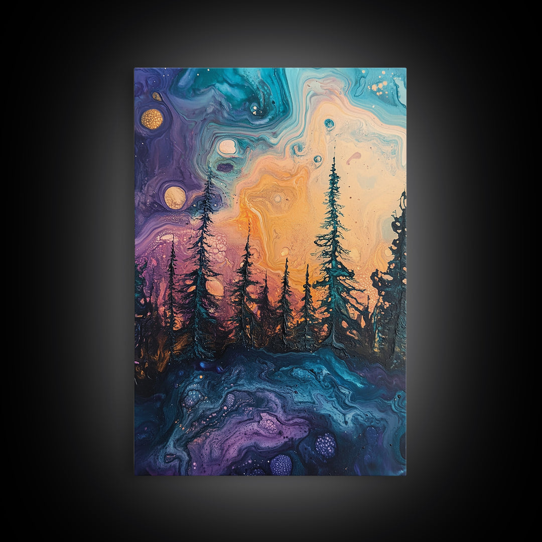 Cosmic Trees, forest at dusk painting, pine tree art, fantasy landscape, moody art, celestial wall art, mystical art, canvas print