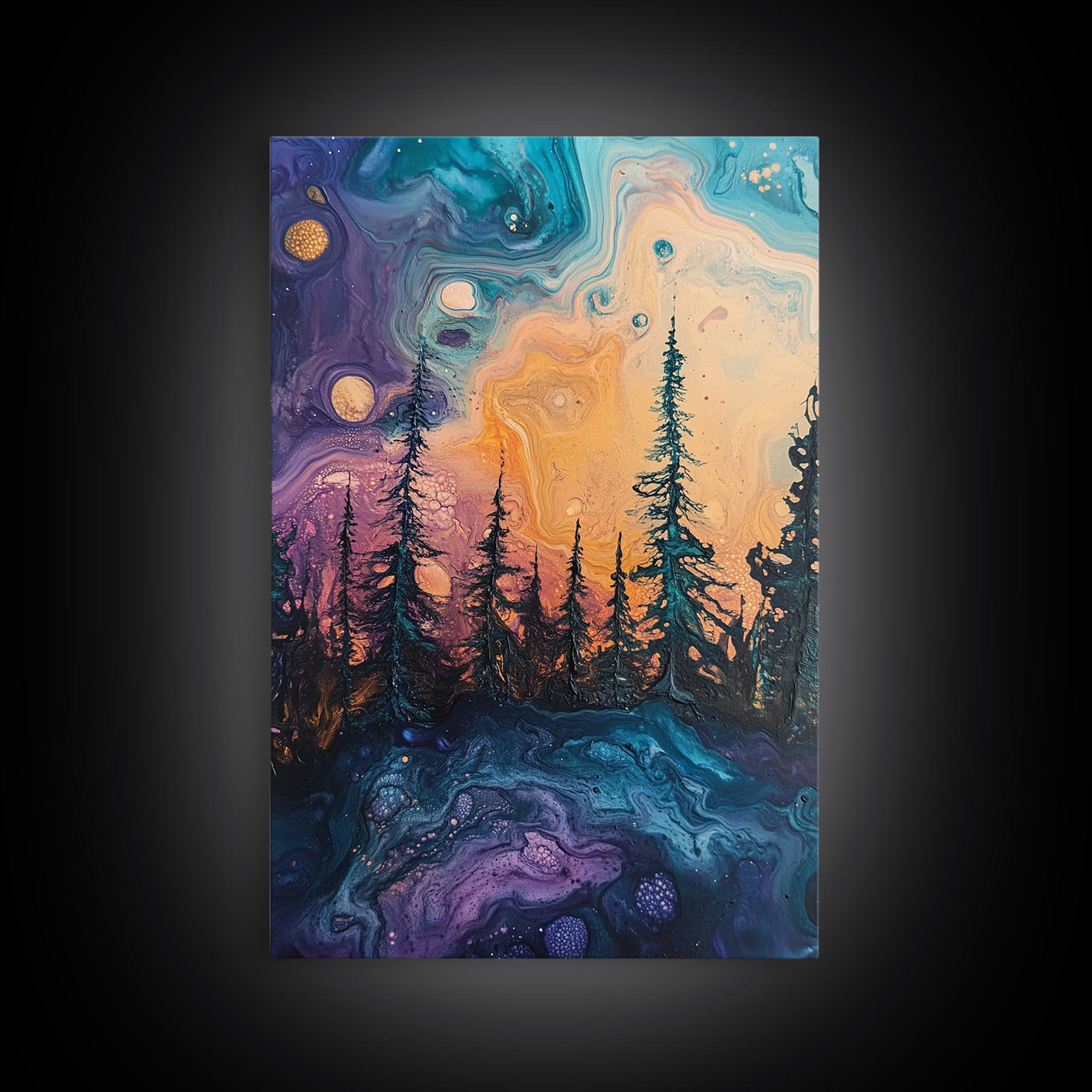 Cosmic Trees, forest at dusk painting, pine tree art, fantasy landscape, moody art, celestial wall art, mystical art, canvas print