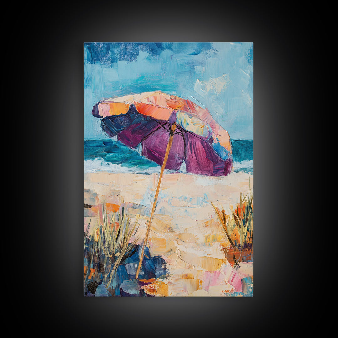 Beach Umbrella, Coastal Wall Art, Seascape Painting, Nautical Decor, Ocean Painting, Coastal Landscape Art, Framed Canvas Print