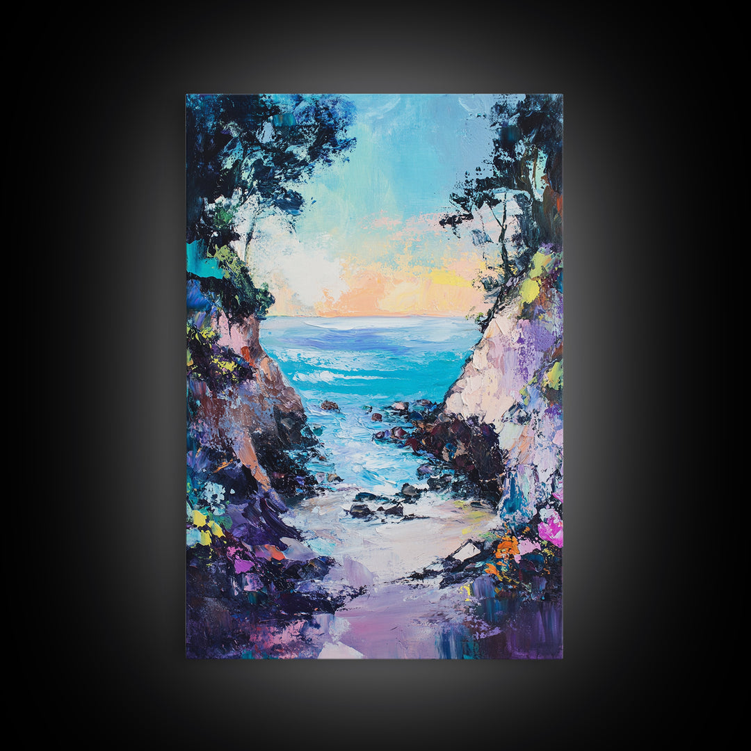 Coastal Cove, seascape painting, coastal decor, nautical wall art, blue and green wall art, framed canvas print, guest room art