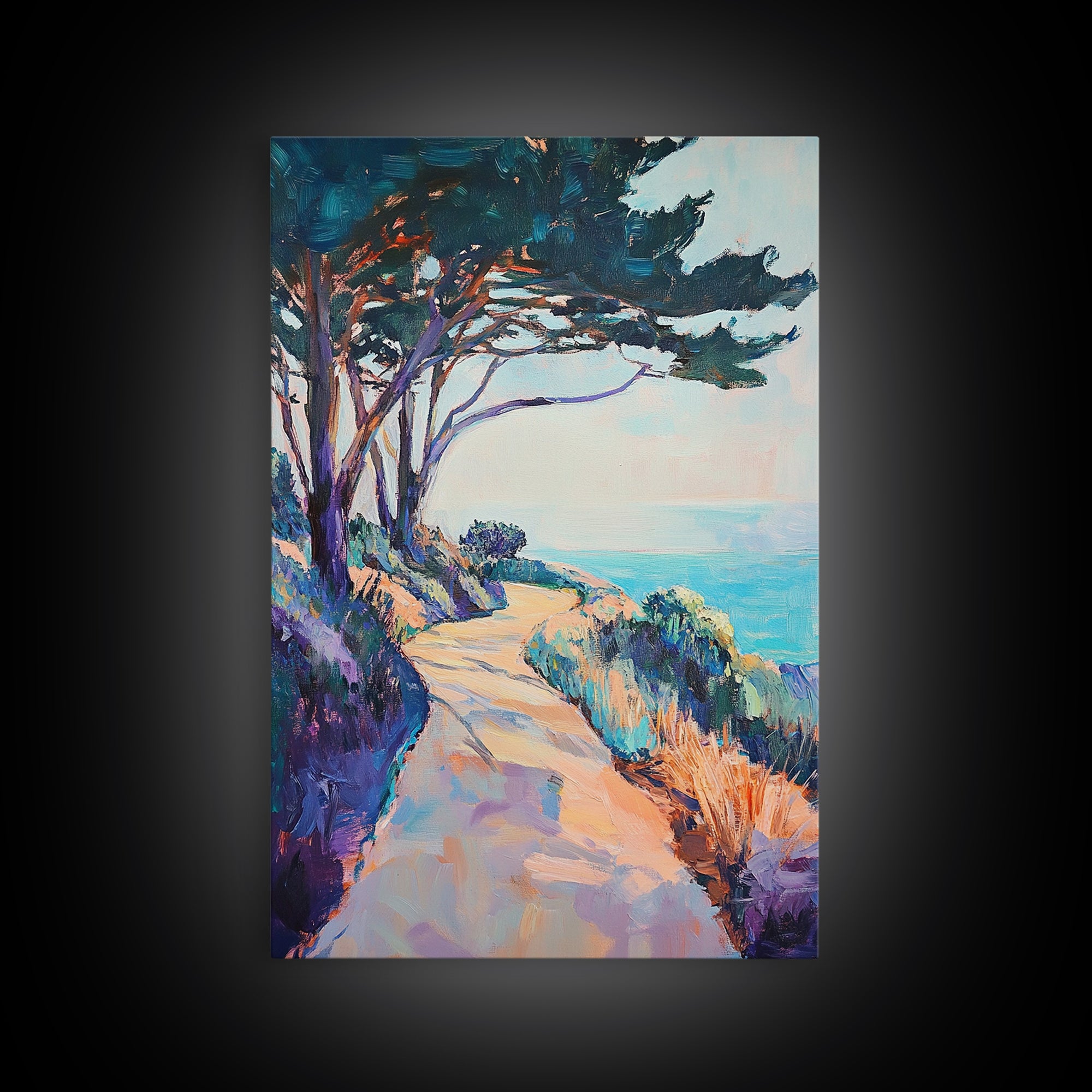 Ocean Cliff Path, coastal landscape art, pine tree art, rustic wall art, blue and green wall art, framed canvas, above bed wall art