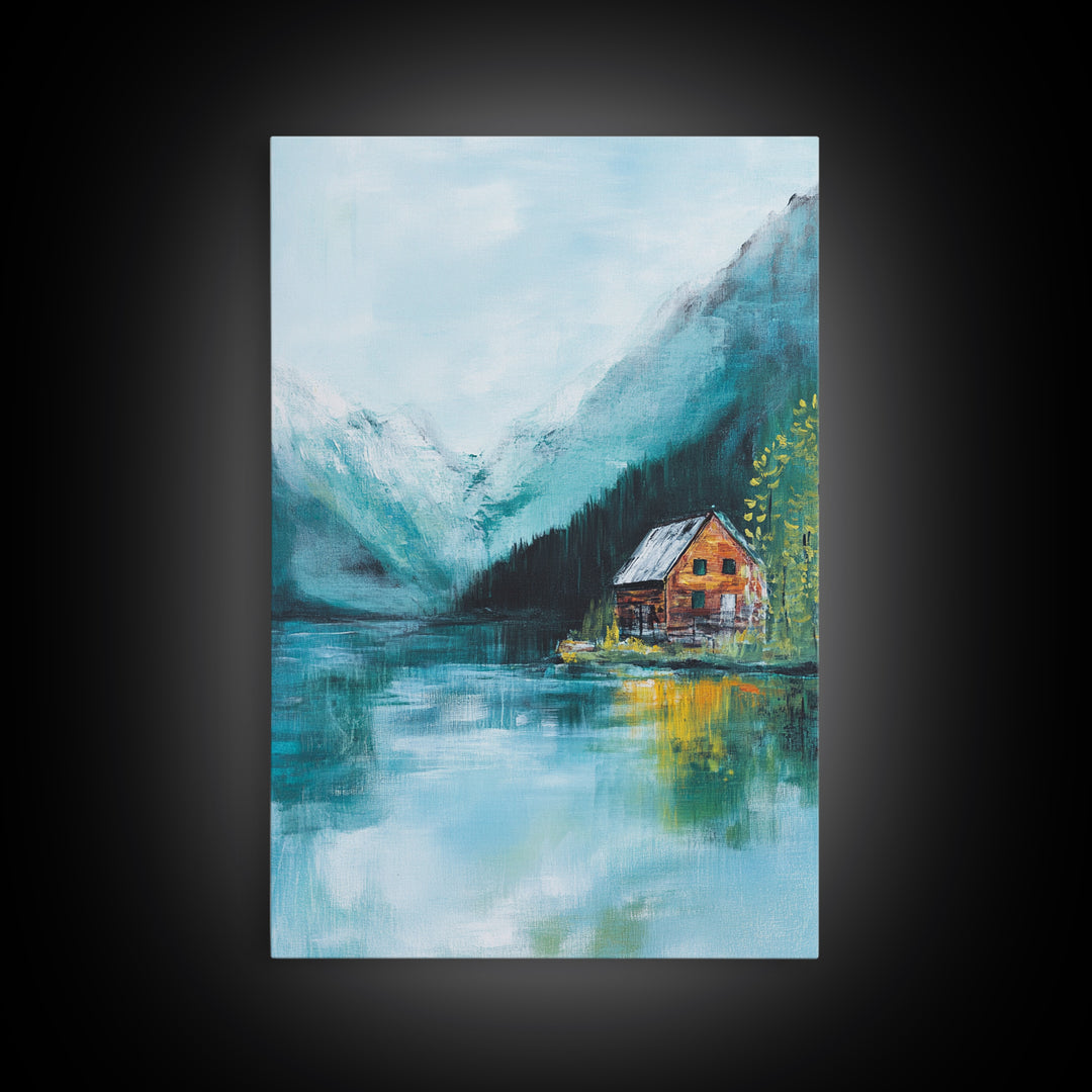 Cabin by Lake, lake Tahoe art, mountain painting, rustic wall art, bedroom art, nature wall art, framed canvas print, home decor