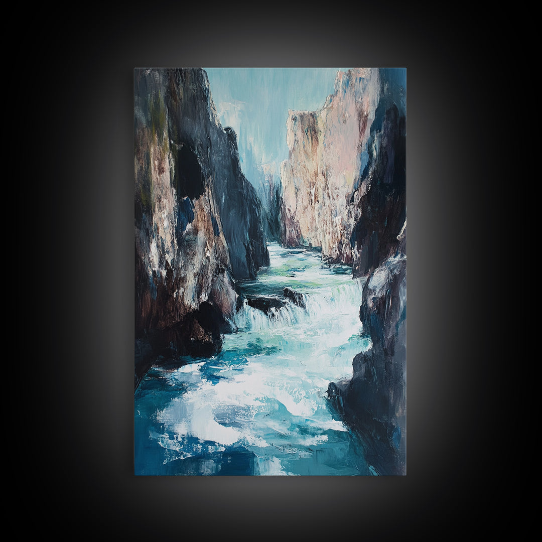 Rocky Waterfall, Moody Landscape, Canvas Print, Nature Painting, Rustic Decor, Adventure Art, Southwest Wall Art, Tall Narrow Art
