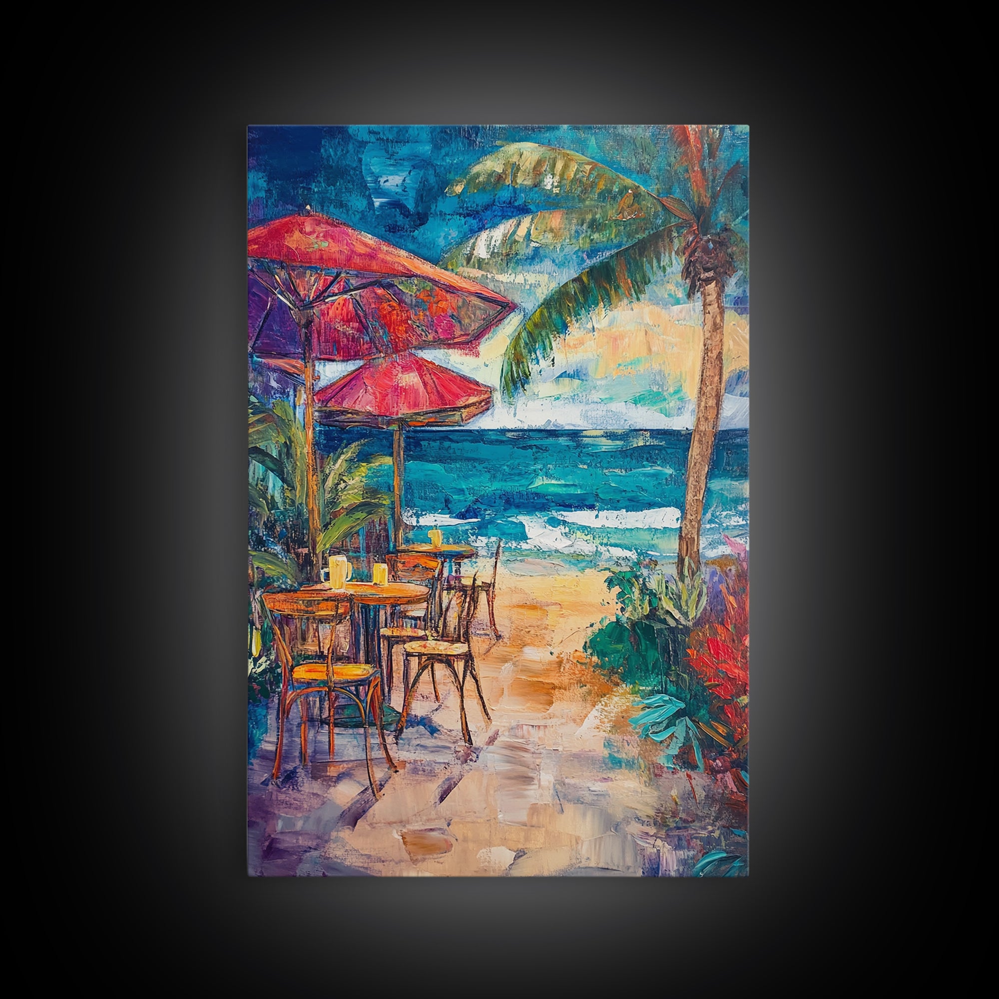 Beach Café, Coastal Landscape Art, Nautical Wall Art, Ocean Art, Seascape Painting, Coastal Decor, Canvas Print, Above Sofa Art