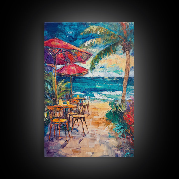 Beach Café, Coastal Landscape Art, Nautical Wall Art, Ocean Art, Seascape Painting, Coastal Decor, Canvas Print, Above Sofa Art