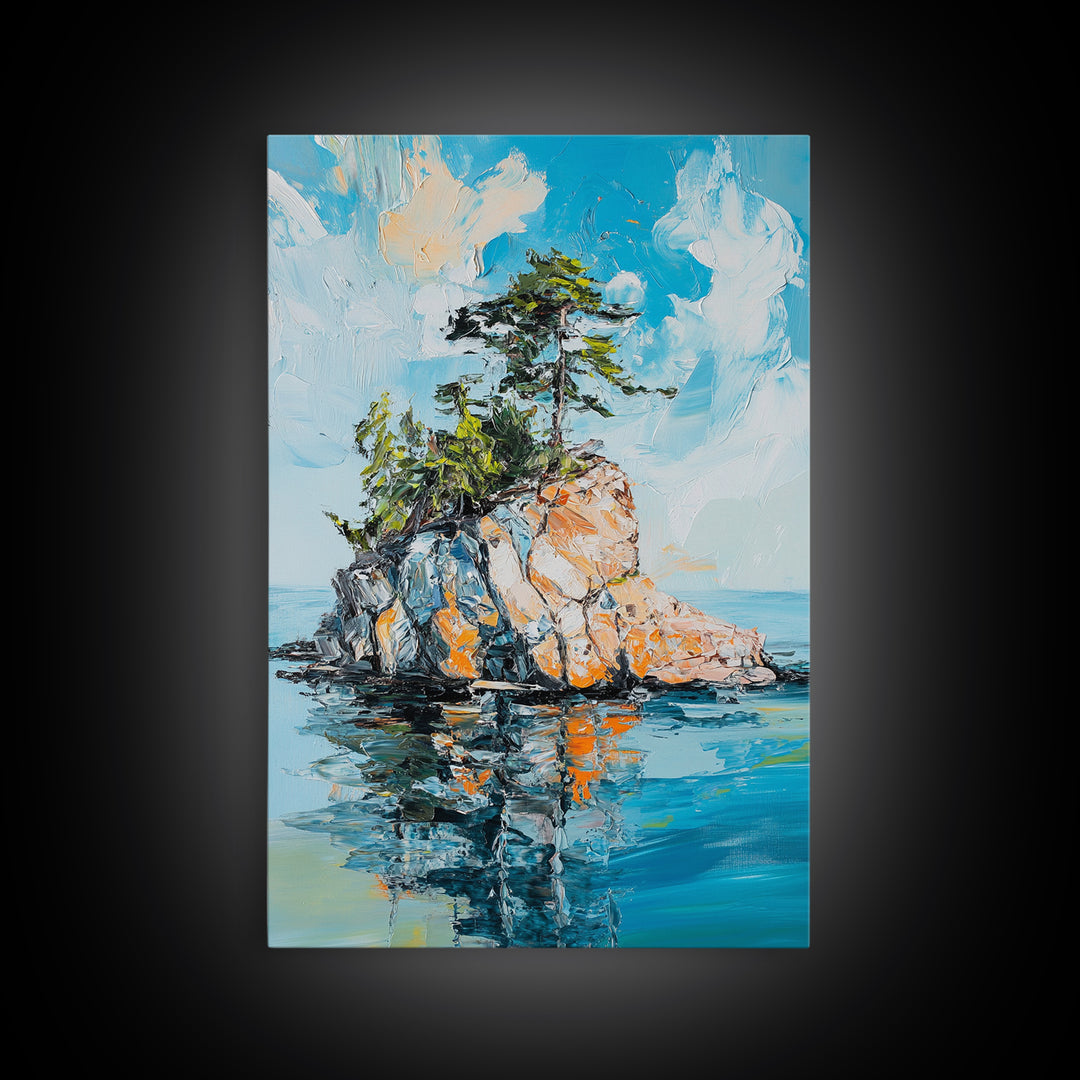 Rocky Island, Nature Painting, Canvas Print, Coastal Landscape Art, Ocean Wall Art, Nautical Decor, Living Room Art, Gift Idea