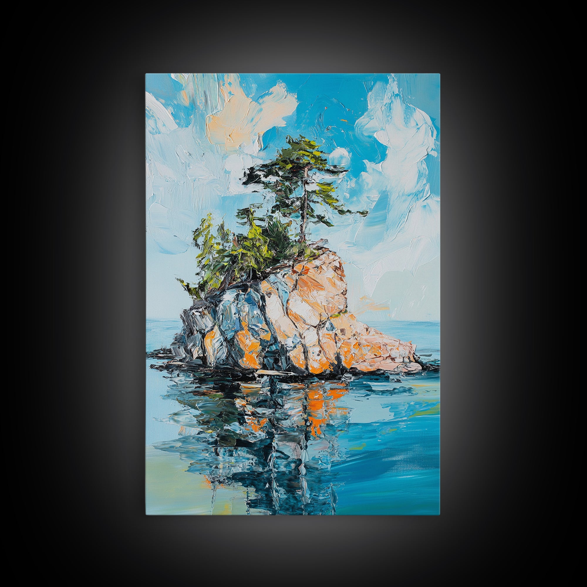 Rocky Island, Nature Painting, Canvas Print, Coastal Landscape Art, Ocean Wall Art, Nautical Decor, Living Room Art, Gift Idea