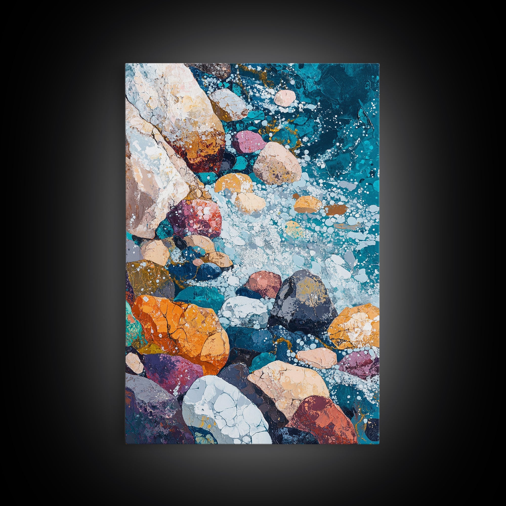 Pebble Beach, Ocean Painting, Canvas Print, Coastal Wall Art, Nautical Decor, Whimsical Art, Abstract Nature Art, Gift Idea