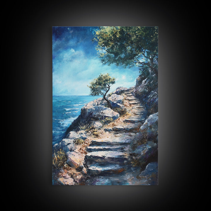 Rocky Path, Seaside Painting, Canvas Print, Coastal Landscape Art, Nautical Wall Art, Rustic Art, Above Bed Wall Art, Gift Idea