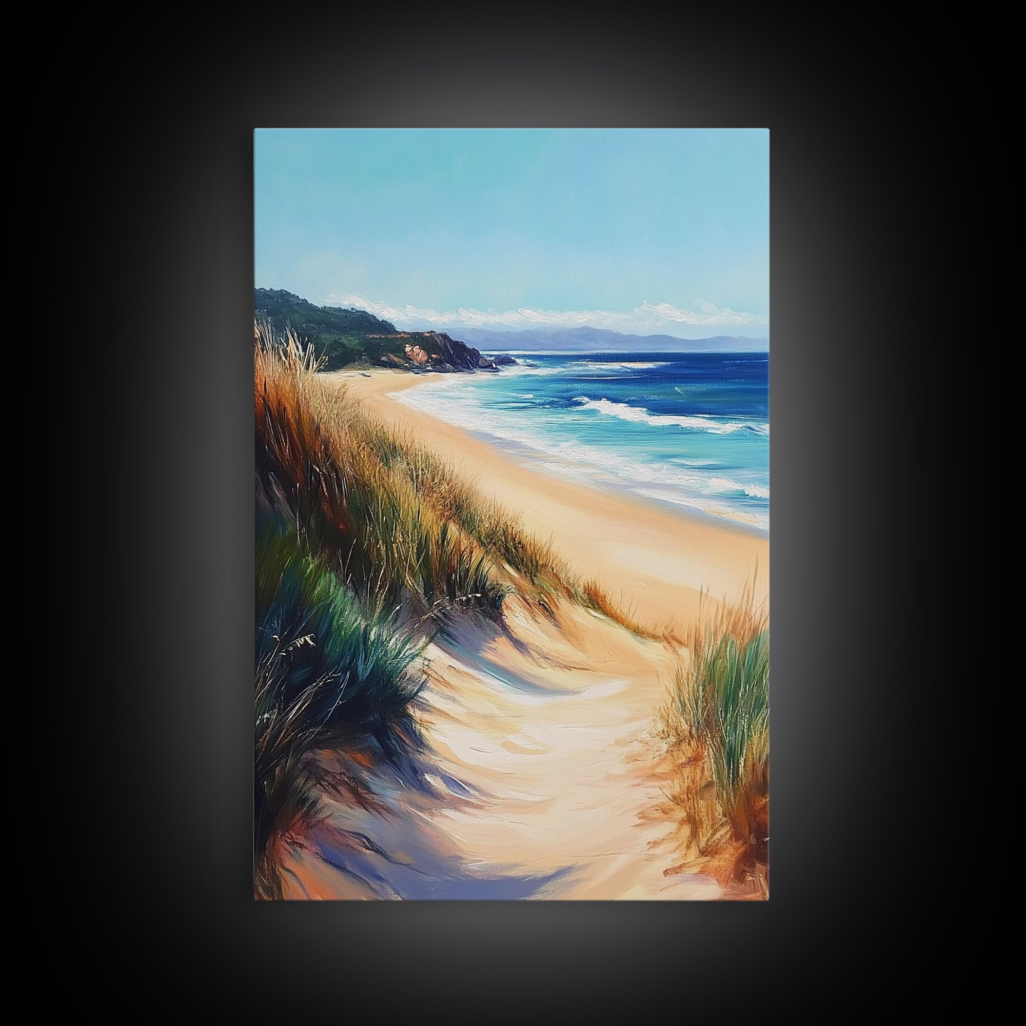 Coastal Sand Dunes Framed Canvas Print Serene Beach Painting, Ocean Landscape Wall Art, Relaxing Bedroom Decor, Nautical Home Style