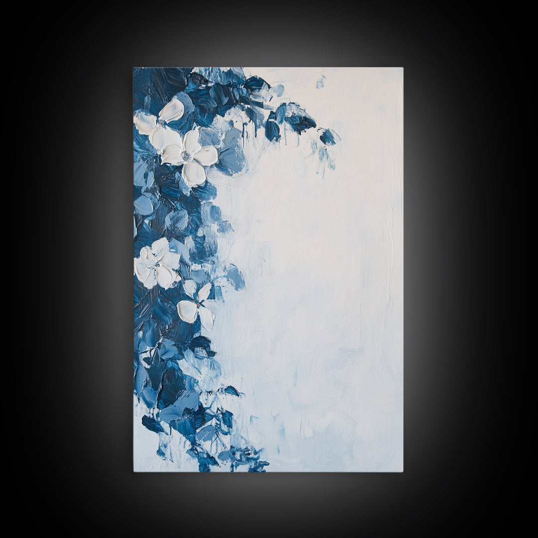Blue Floral Framed Canvas Print Modern Botanical Wall Art, Minimalist Flower Painting, Elegant Bedroom Decor, Contemporary Art Gift
