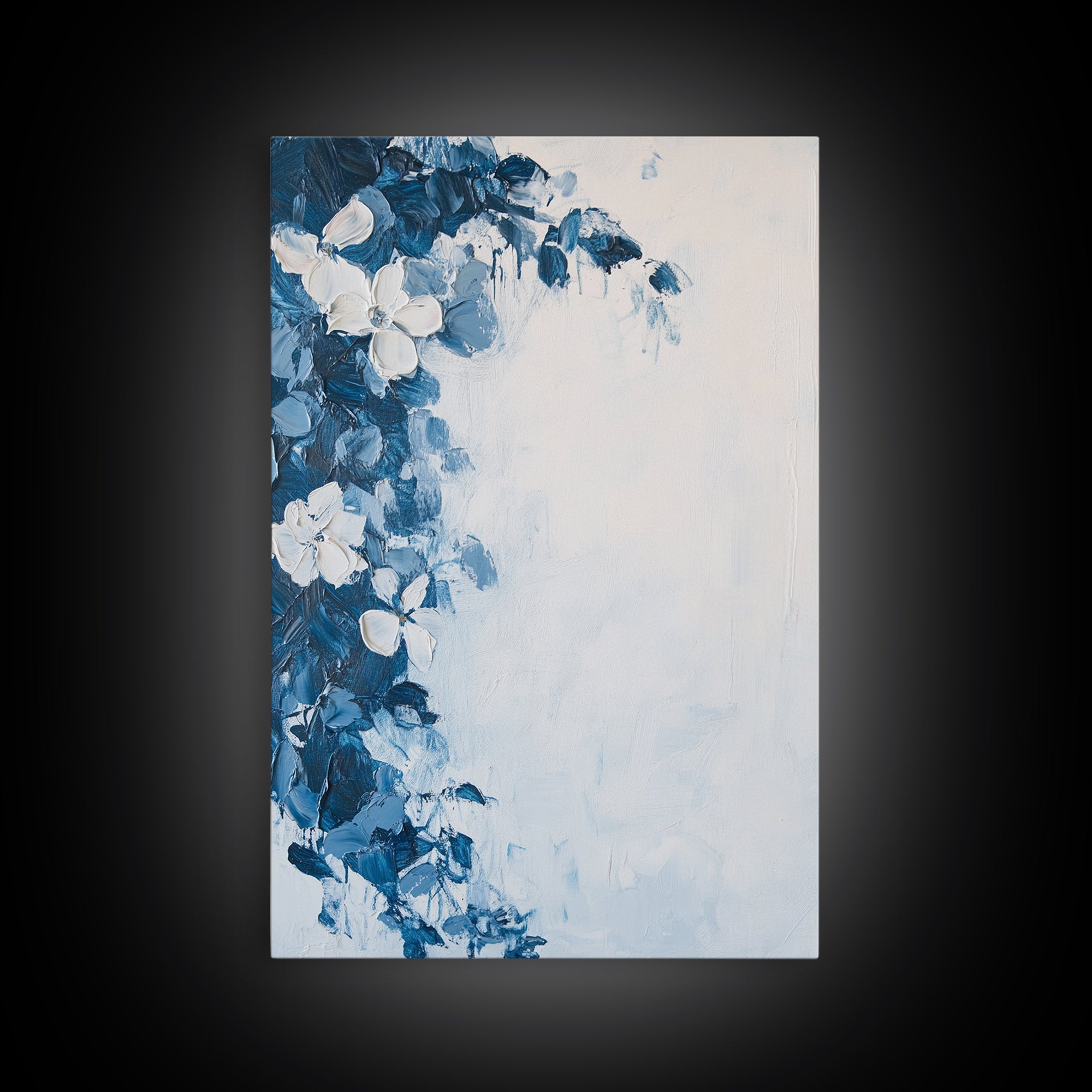Blue Floral Framed Canvas Print Modern Botanical Wall Art, Minimalist Flower Painting, Elegant Bedroom Decor, Contemporary Art Gift