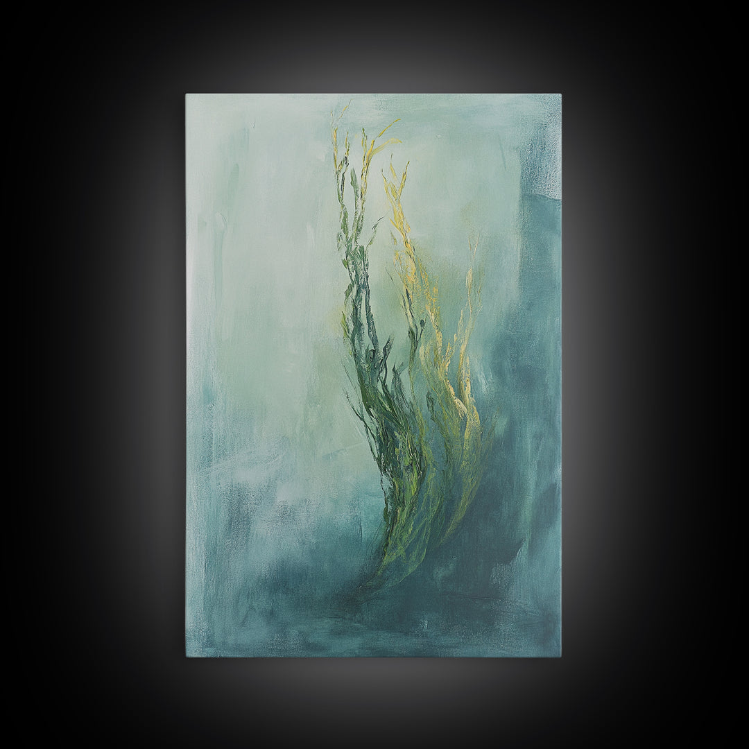 Abstract Seaweed Framed Canvas Print Minimalist Ocean Art, Coastal Botanical Wall Decor, Blue Green Seaside Painting, Serene Home Style