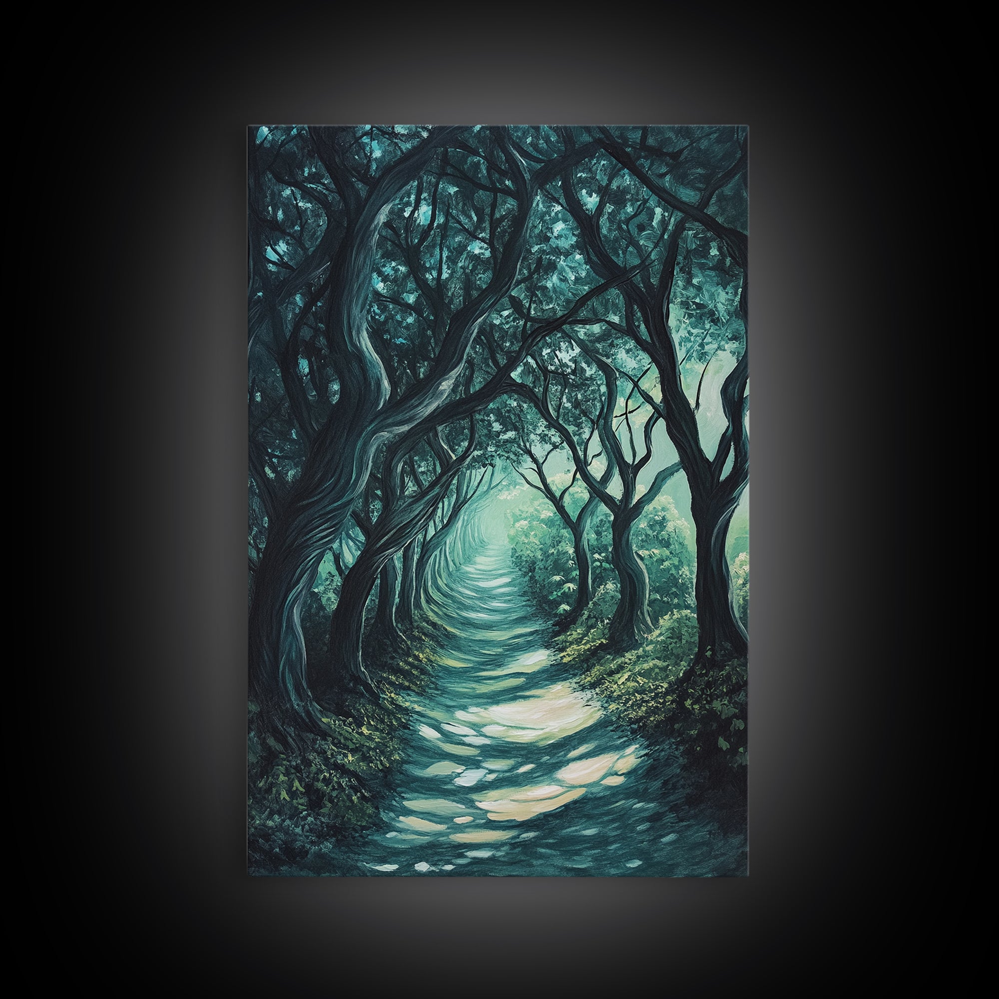 Mystical Tree Tunnel Framed Canvas Print Enchanted Forest Art, Fantasy Landscape, Dark Green Nature Decor, Living Room Wall Art