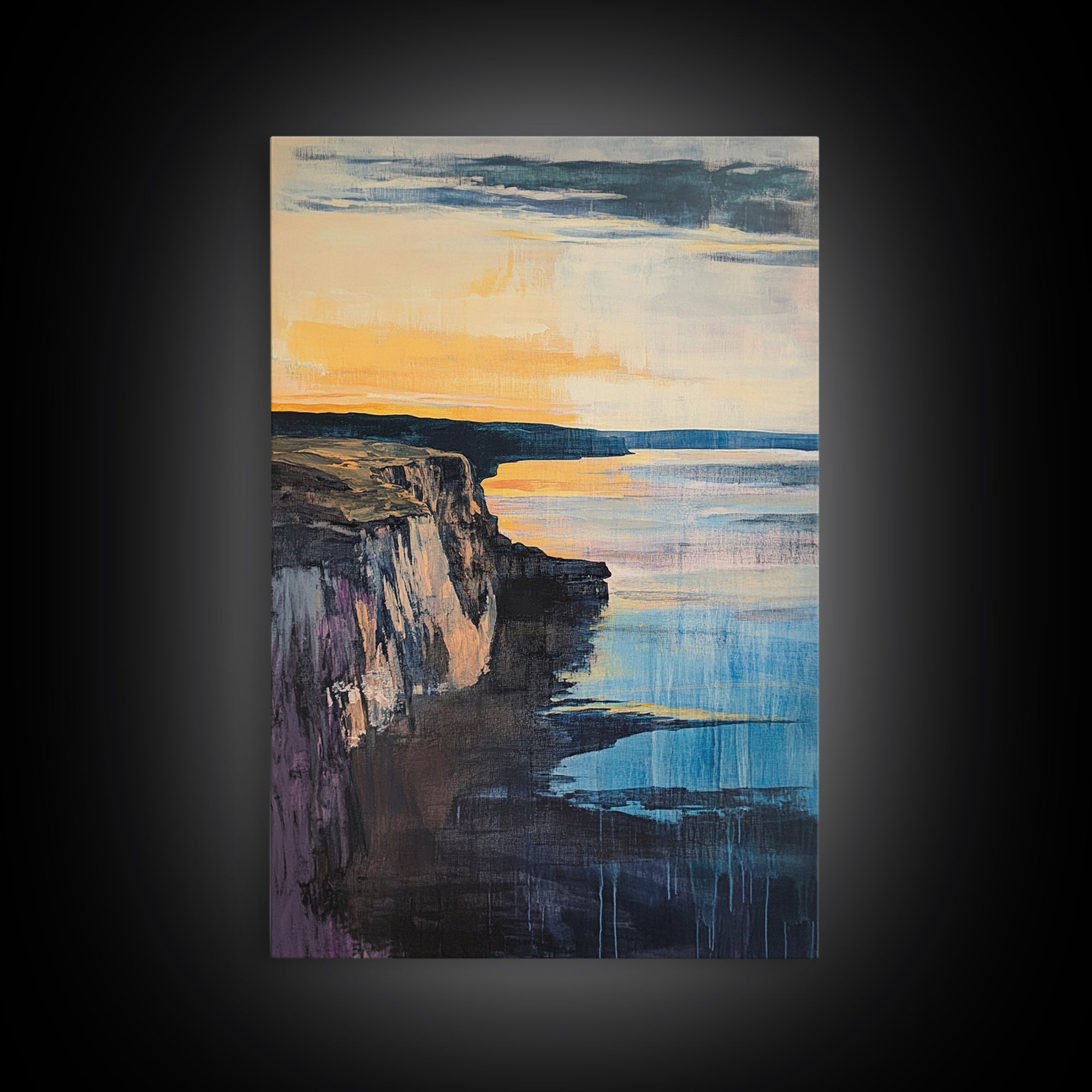 Dramatic Cliff Sunset Canvas Print Coastal Landscape Wall Art, Ocean Sunset Painting, Modern Beach Decor, Bedroom Aesthetic