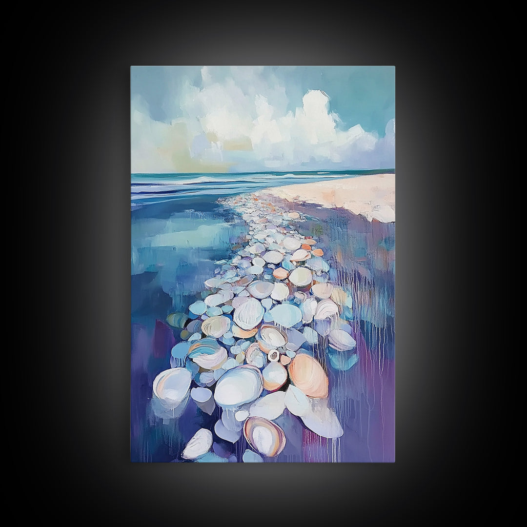 Coastal Shell Path Framed Canvas Print Beach House Decor, Nautical Ocean Art, Seaside Aesthetic, Living Room Coastal Wall Art