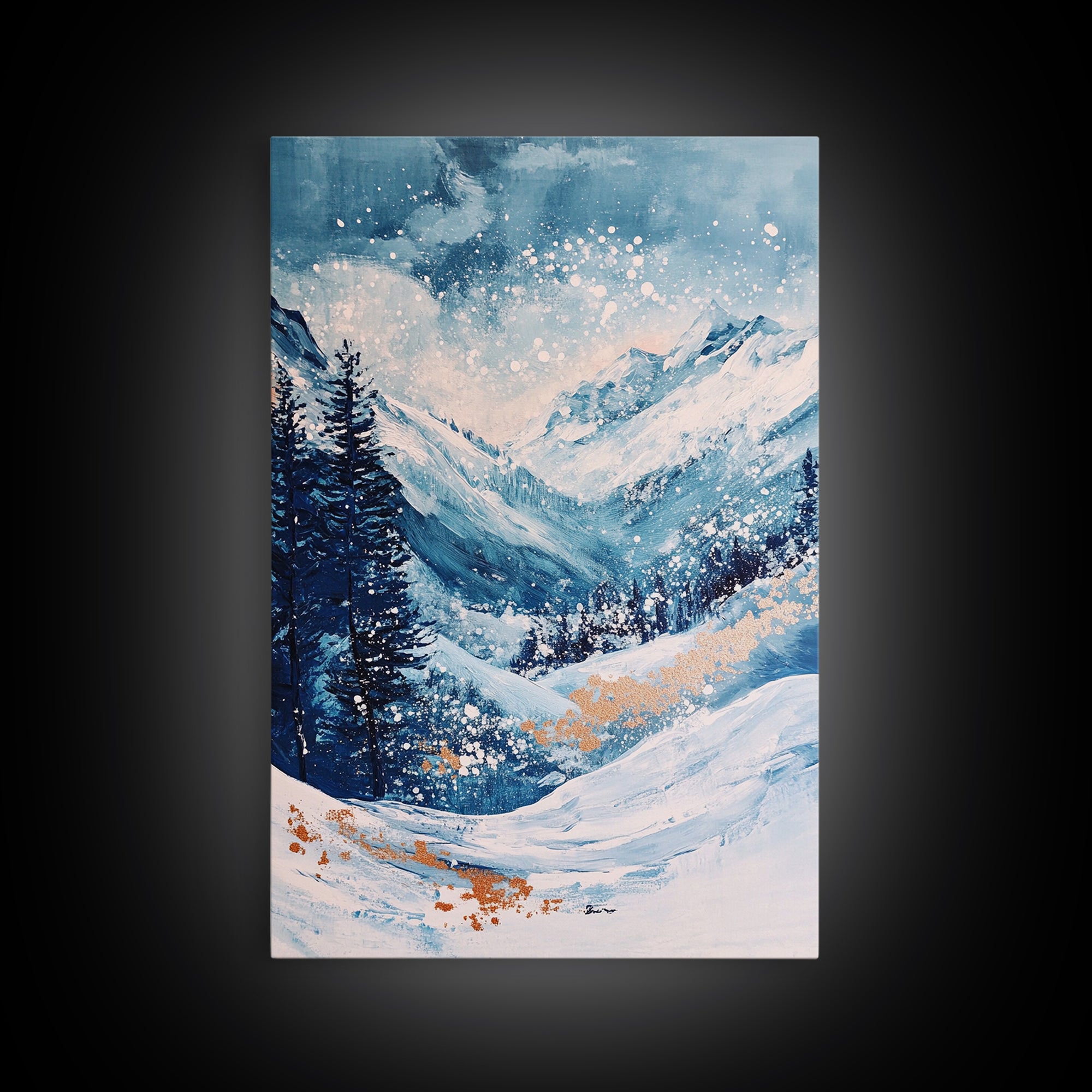 Blue Winter Wonderland Canvas Print Snowy Mountain Art, Nordic Landscape Painting, Ski Lodge Wall Decor, Christmas Holiday Artwork