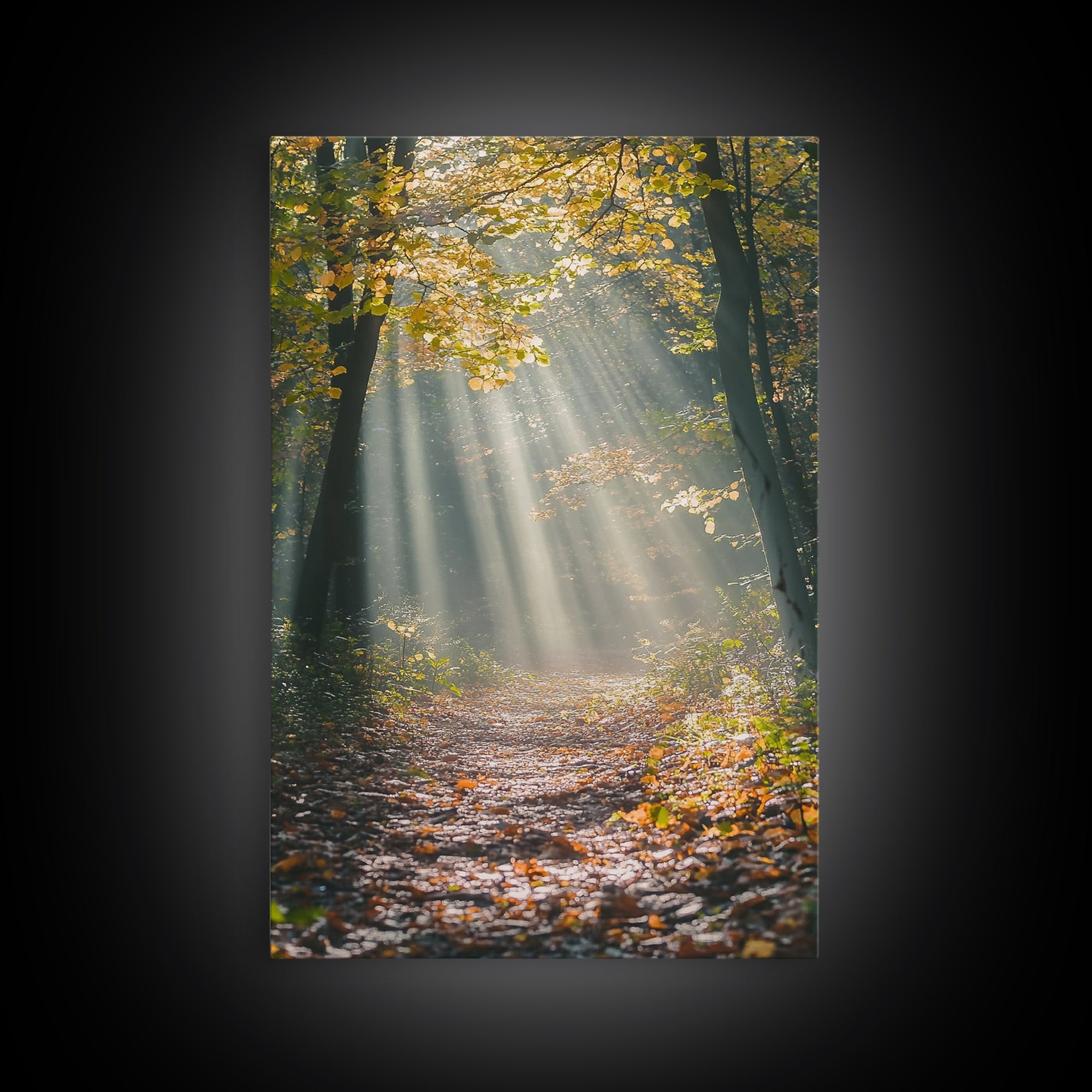 Sunlit Autumn Forest Path Canvas Print, Fall Wall Art, Nature Photography Print, Cozy Home Decor, Rustic Living Room Art, Cabin Wall Art