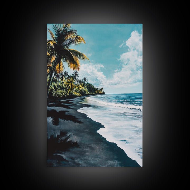 Black Sand Beach, Hawaii Art, Palm Tree Painting, Coastal Wall Art, Nautical Decor, Living Room Art, Canvas Print, Gift Idea